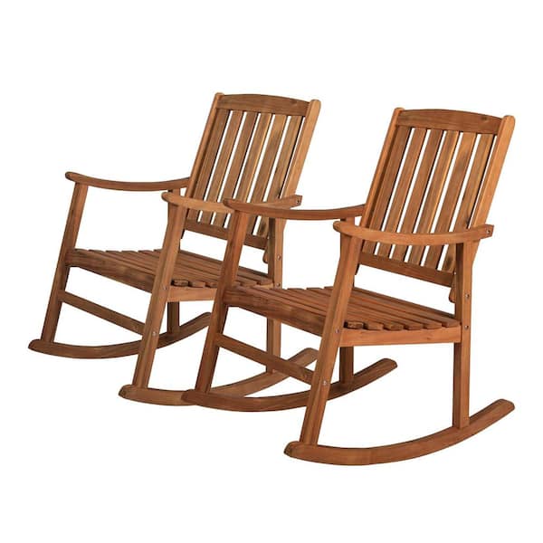 JONATHAN Y Perry Classic Slat-Back 300 lbs. Support Acacia Wood Patio Outdoor Rocking Chair in Teak (Set of 2)
