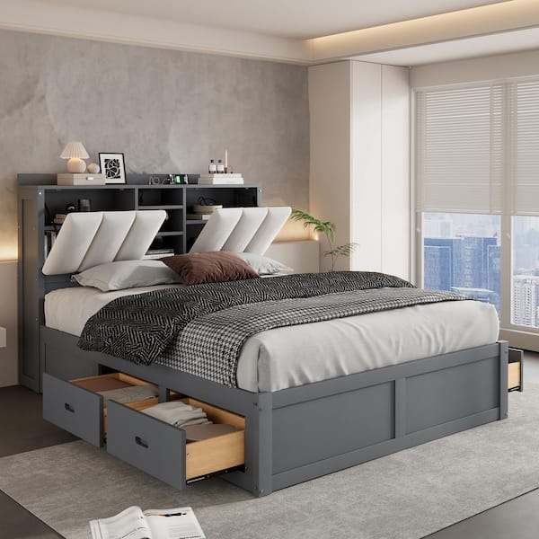 Harper & Bright Designs Gray Classic Wood Frame Full Size Platform Bed with Storage Linen Upholstered Headboard and 4- Drawers