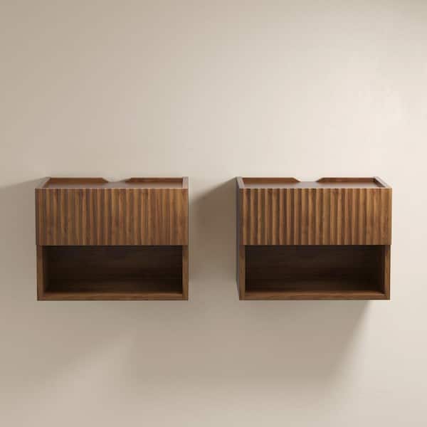 Brown Walnut 1 Drawer 16 in. W Floating Wall Mounted Bedroom Nightstand with Storage Drawer and Shelf, (Set of 2)