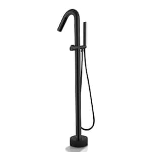 Single-Handle High Arch Floor Mount Freestanding Tub Faucet Bathtub Filler with Hand Shower in Matte Black
