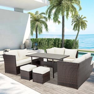 Black 7 -Piece Wicker Rattan Outdoor Coversation Sectional Set with White Cushions and Coffee Table