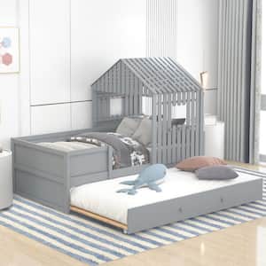 Gray Twin Size House Low Loft Bed with Trundle