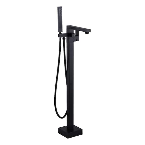 AVITAS Single-Handle Floor Mount Freestanding Tub Faucet Waterfall Tub Filler with Handheld Shower in Matte Black