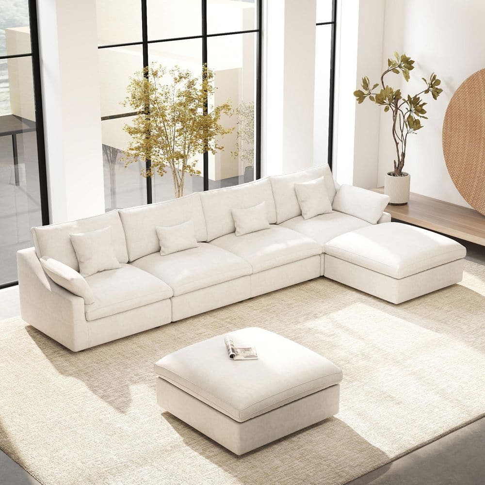 Magic Home Modular Large 156 in. Flared Arm 6-Piece U-shaped Linen Cloud Couch Convertible Sectional Sofa in White with Ottomans MH-140WE-SF4+2