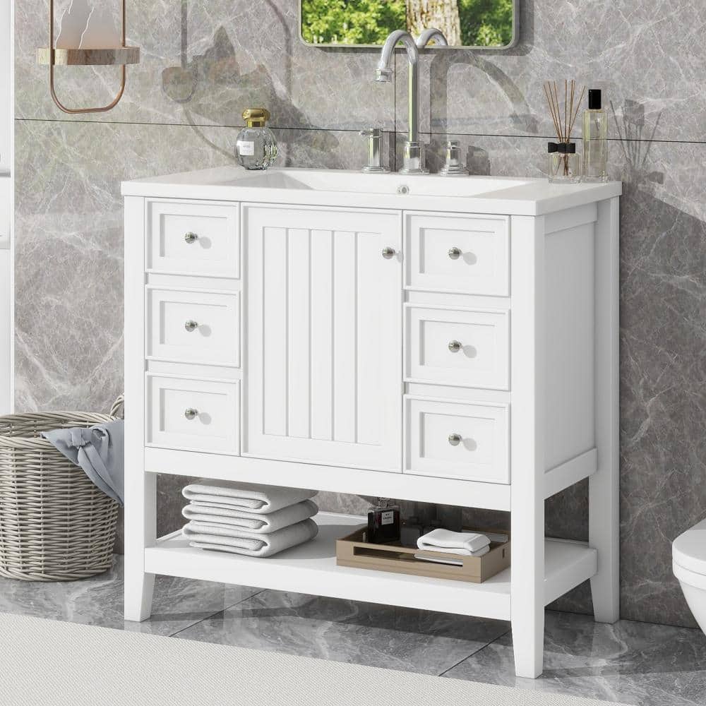 36 in.Single Sink White Freestanding Bathroom Vanity,White Ceramic Top,Soft-Close Door,3 Drawers,Open Shelf price history on PriceWatchPro