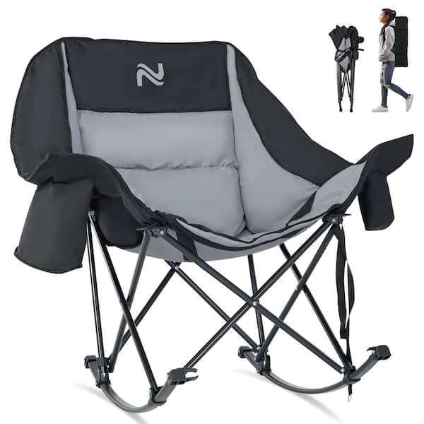 Oversized Rocking Camping Chair Metal Portable Foldable Outdoor Rocking Chair for Camping, Black and Gray