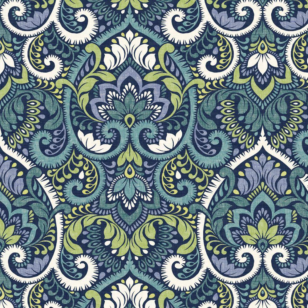 Sapphire Aurora Blue Damask Outdoor Dining Chair Cushion