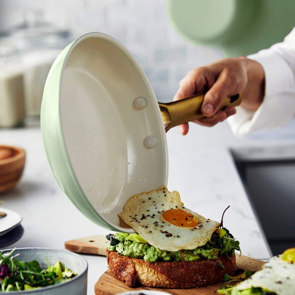 Sage Green 10-Piece Ceramic Nonstick Cookware Set with Gold Handles