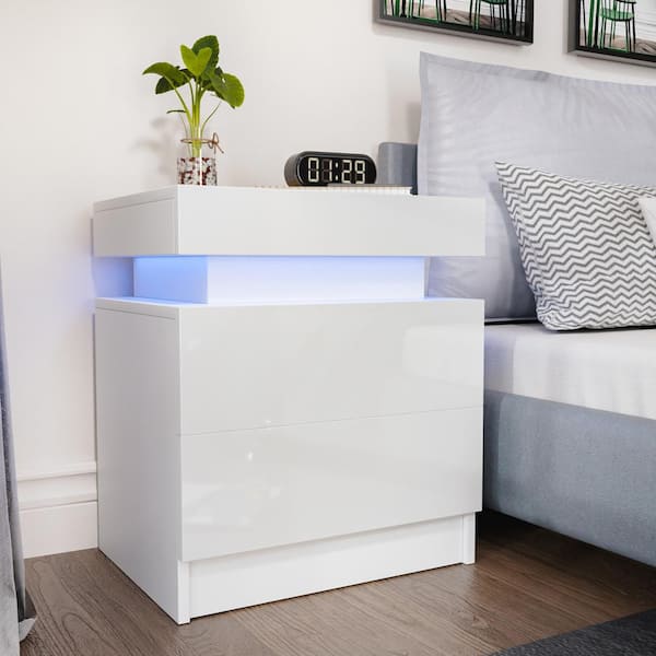 WOODYHOME 2-Drawer LED White Nightstand 20.5 in. H x 17.7 in. W x 