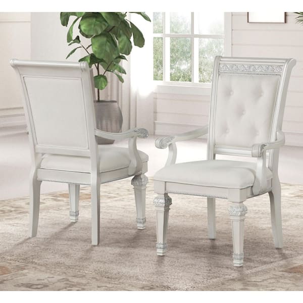 Toell Traditional Ivory Fabric Upholstered Dining Arm Chair with Tufted Back (Set of 2)