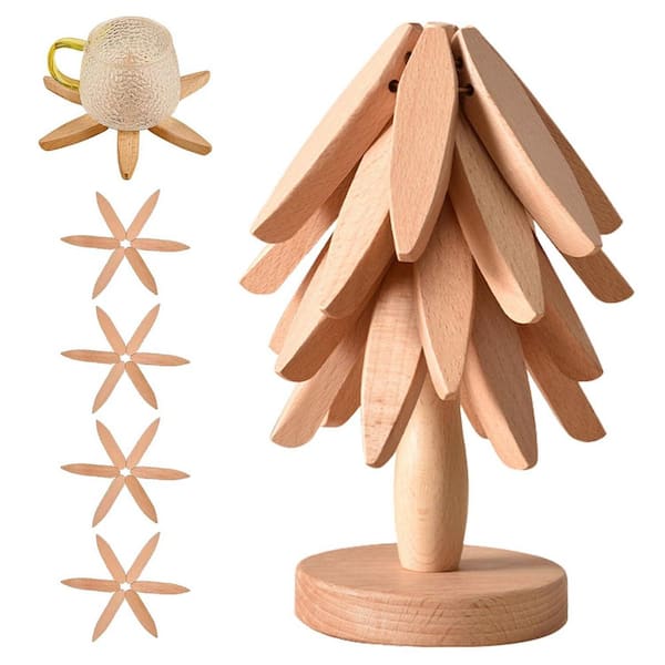Wooden Tree Shape Trivets for Hot Dishes, Foldable Kitchen Wooden Trivet for Hot Dishes, Pot, Bowl, Teapot, Beige