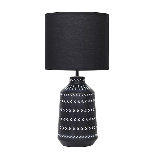16.93 Boho Ceramic Table Lamp, Black Patterned Base for Bedroom or Entryway