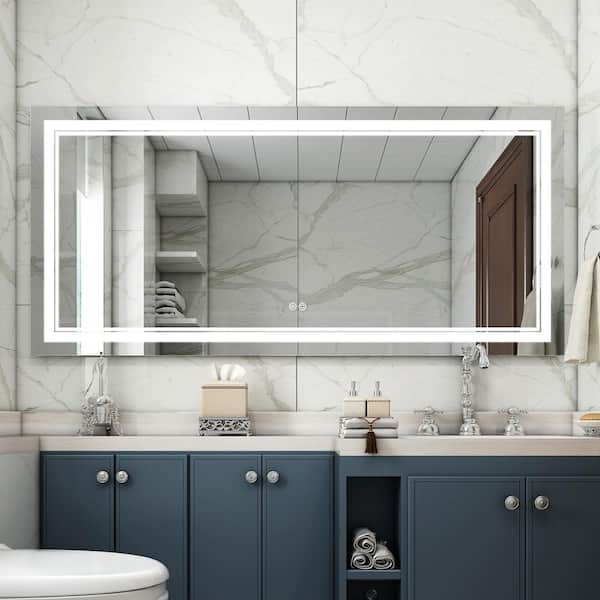 FORCLOVER 60 in. W x 28 in. H Large Rectangular Frameless Anti-Fog LED Horizontal or Vertical Wall-Mounted Bathroom Vanity Mirror