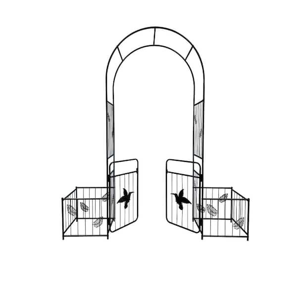 Jushua 87 in. x 80 in. Metal Garden Arbor Trellis with 2-Plant Boxes and Doors, Climbing Plants Support, Party Decoration Black