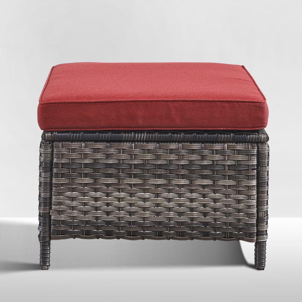 ArcoBay Metal and Gray Wicker Outdoor Ottoman with Olefin Red Cushion (2-Pack)