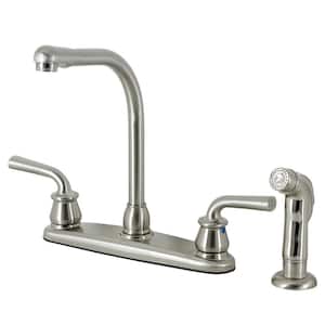 Restoration 2-Handle Deck Mount Centerset Kitchen Faucets with Plastic Sprayer in Brushed Nickel
