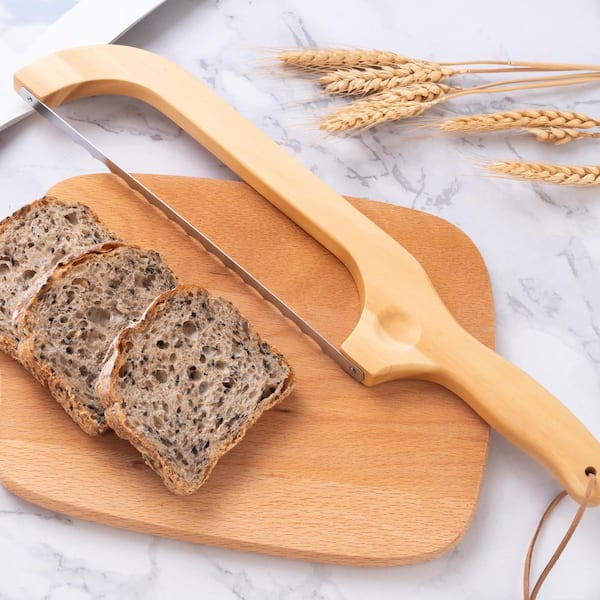 14.5 in. Stainless Steel Full Tang Serrated Edge Bread Knife Bow Type with Beechwood Handle for Sourdough