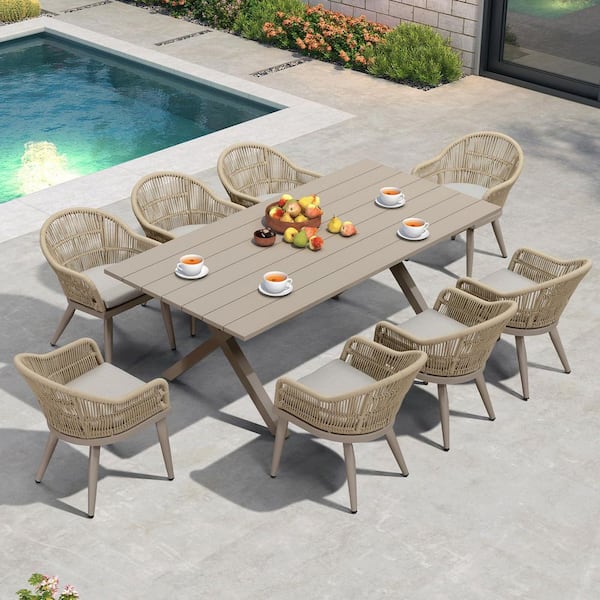 9-Piece Aluminum All-Weather PE Rattan Rectangular Outdoor Dining Set with Cushion, Champagne