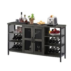 9-Bottle Dark Gray Wood Wine Bar Cabine with Wine Racks and Stemware Holder