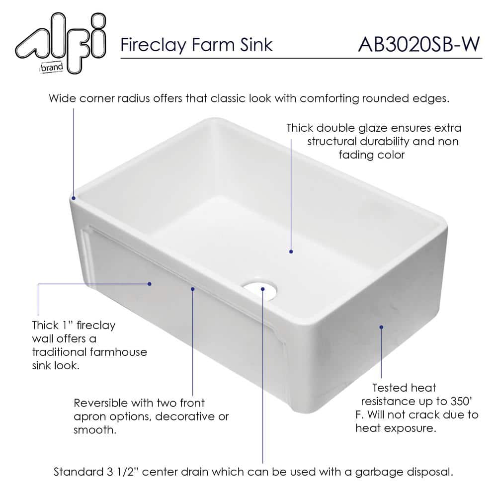 30'' White Fireclay Single Bowl Farmhouse Sink