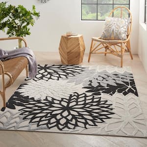 Aloha Black White 6 ft. x 9 ft. Floral Modern Indoor/Outdoor Patio Area Rug