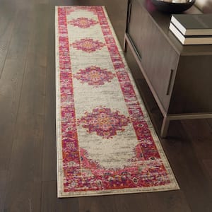 Passion Ivory/Fuchsia 2 ft. x 10 ft. Bordered Transitional Kitchen Runner Area Rug