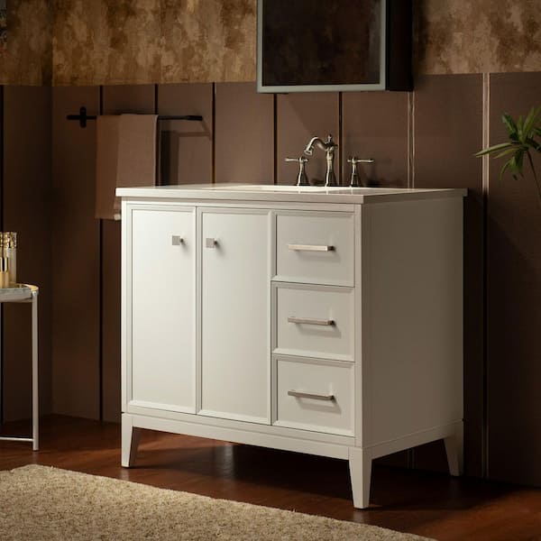 37 in. W x 22 in. D Single Ceramic Sink Freestanding Bath Vanity in White with Carrara White Engineered Stone Vanity Top