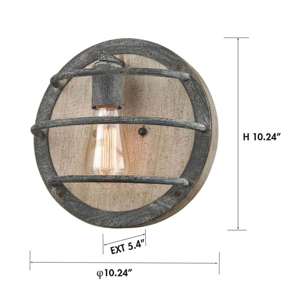 10" Rustic Weathered Wood and Metal Round Wall Sconce