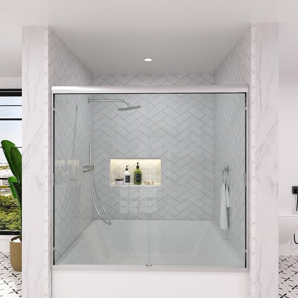 Slate 60 in. W x 56 in. H Semi-Frameless Sliding Tub Door in Brushed Nickel with 1/4 in. Clear Tempered Glass