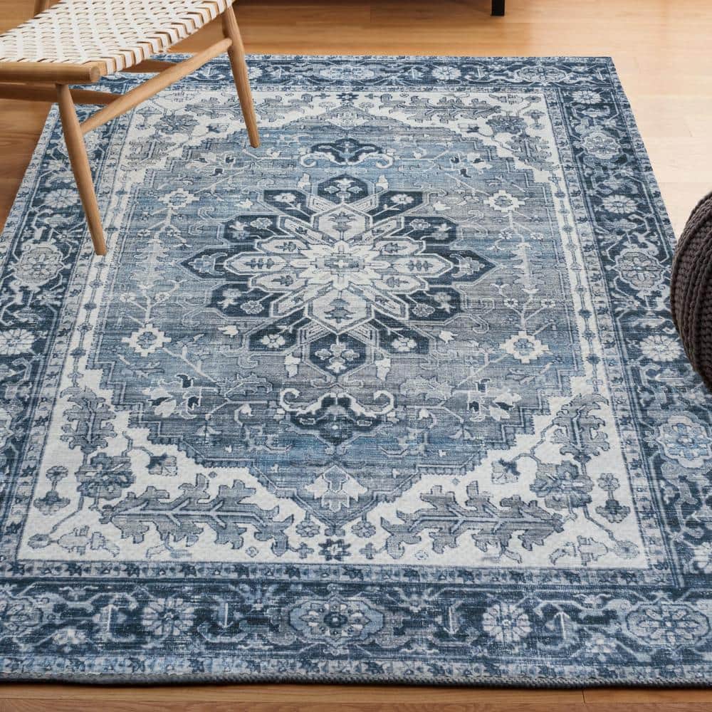 Blue and Cream Medallion Washable Synthetic Area Rug 8' x 10'