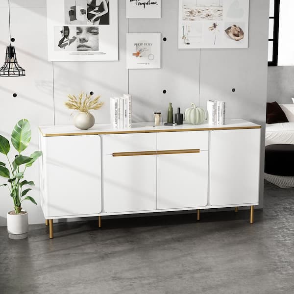 FUFU&GAGA White and Golden 29.5 in. H x 63 in. W Wooden Accent Storage Cabinet, Sideboard with 2-Drawers and 6-Shelves