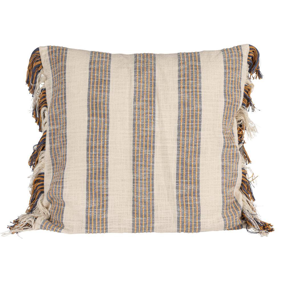 Gray and Yellow Striped Cotton Square Throw Pillow with Fringe