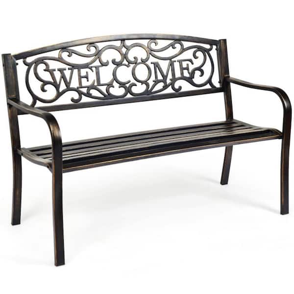 Clihome 50 in. W Metal Garden Outdoor Bench Elegant Bronze Finish Bench with Durable Metal Frame and Welcome Patten