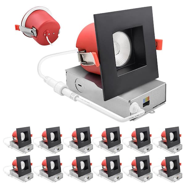 4 in. Square Integrated LED Recessed Light J-Box 5CCT 2 Hour Fire Rated 15W 1000LM 60° Dimmable Wet Rated Black 12 Pack