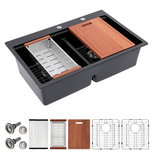 33 In. Matte Black Double Bowl 50/50 Split Quartz Granite Composite Drop In Kitchen Sink, Topmount Workstation Sink