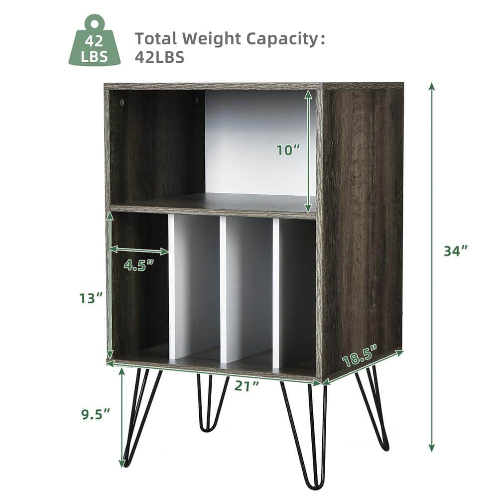 Walnut Wood Record Player Stand with Metal Legs and Storage Shelf
