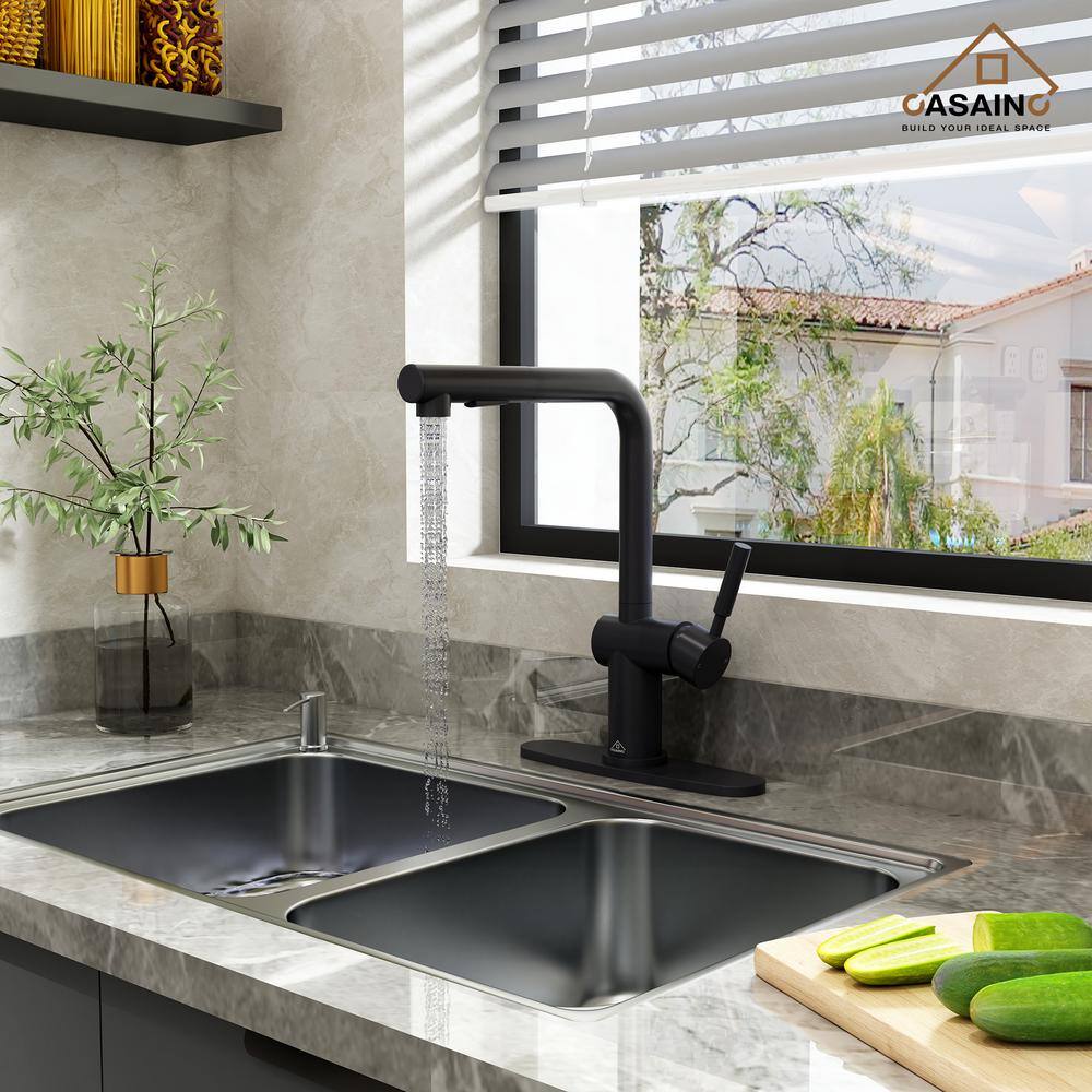 Matte Black Single-Handle Pull-Out Kitchen Faucet with Deck Plate