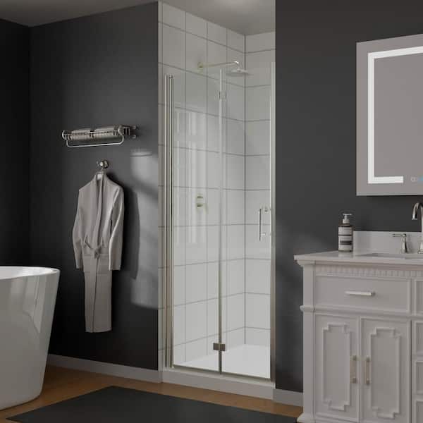 JimsMaison 32 in. W x 72 in. H Bifold Semi-Frameless Shower Door in Brushed Nickel Finish with Clear Glass