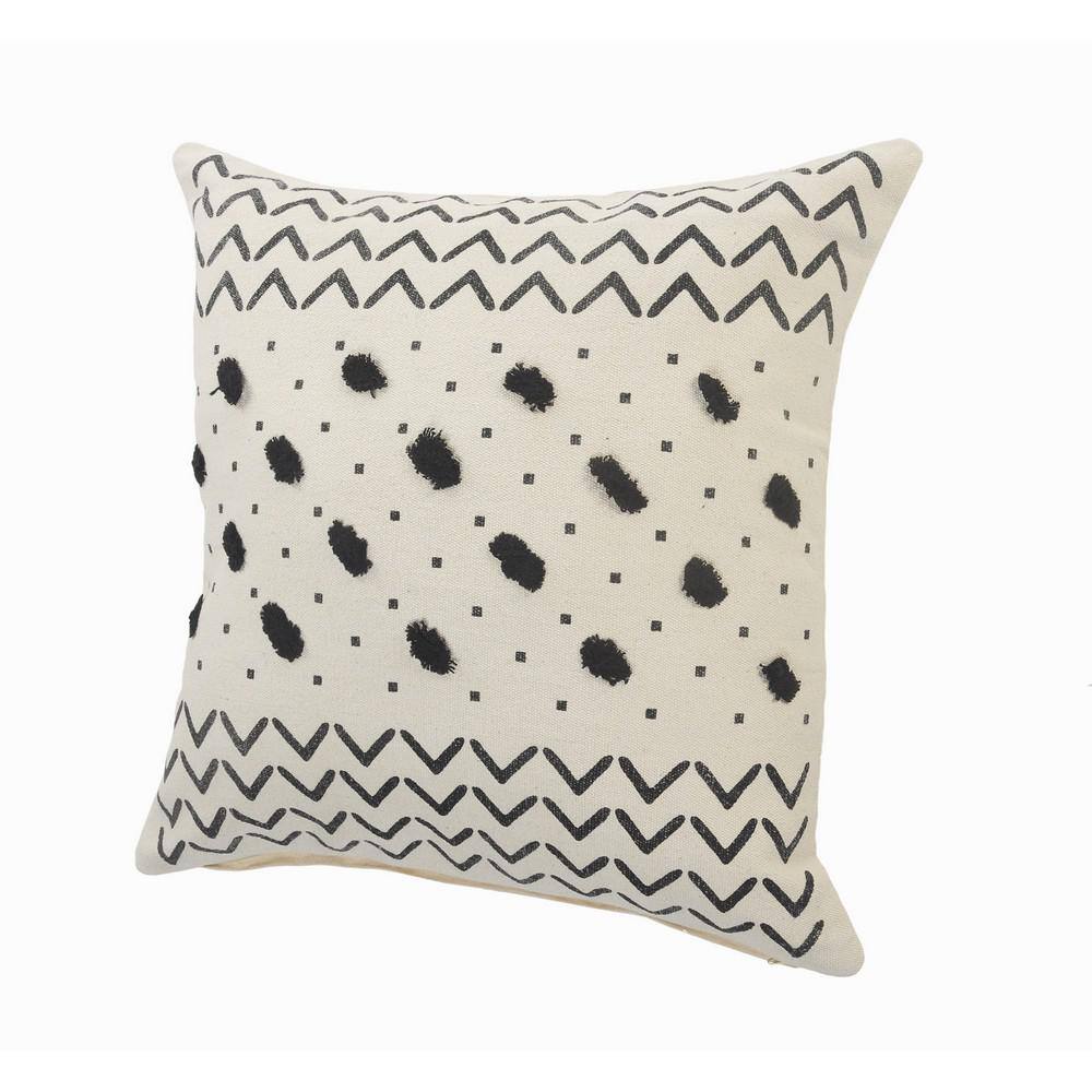 20" Square Black and Cream Tufted Grid Cotton Throw Pillow