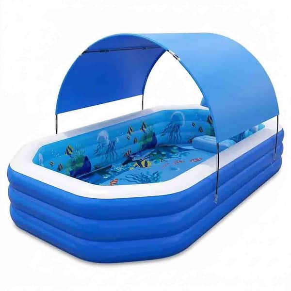 118 in. x 75 in. x 22 in. Rectangular Inflatable Kiddie Pool with UPF Sun Canopy, Built-In Backrest and Cup Holder