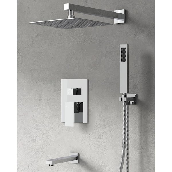 GRANDJOY 3-Spray Square High Pressure Wall Bar Shower Kit Tub and Shower Faucet in Polished Chrome (Valve Included)