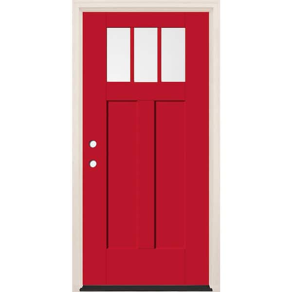 Builders Choice 36 in. x 80 in. Right-H 3-Lite Clear Glass Ruby Red Painted Fiberglass Prehung Front Door with 6-9/16 in. Frame