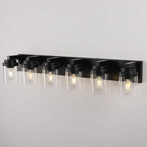 38 in. 6-Light Black Bathroom Vanity Light Fixture with Clear Glass Shades, No Bulbs Included