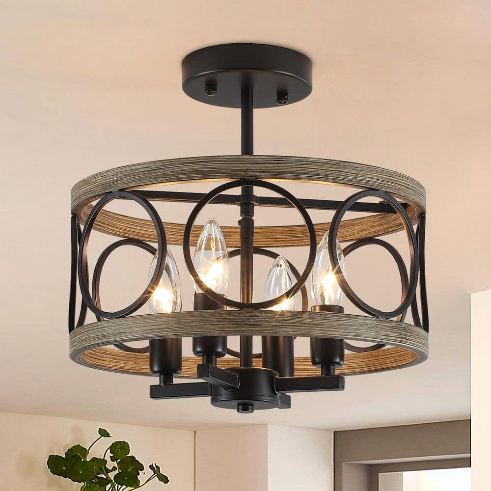 12.59 in. 4-Light Black and Imitation Wood Grain Industrial Semi-Flush Mount Ceiling Light Drum Lighting Fixture price history on PriceWatchPro