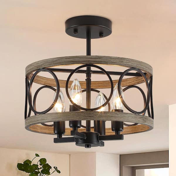 12.59 in. 4-Light Black and Imitation Wood Grain Industrial Semi-Flush Mount Ceiling Light Drum Lighting Fixture