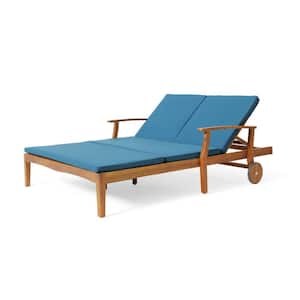 Natural Brown Wood Outdoor Double Chaise Lounge with Blue Cushions for Patio, Garden, Porch, Balcony