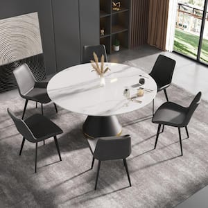 59.05 in. White Modern Round Sintered Stone Dining Table with Carbon Stainless Steel Base (Seats 8)