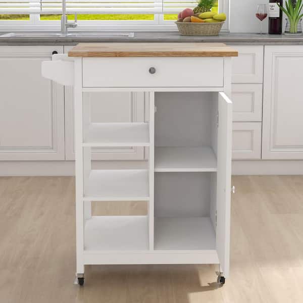 Otryad Kitchen island rolling trolley cart with Adjustable Shelves and towel rack rubber wood table top in White