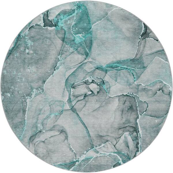 Dream Shag Premium Machine Washable Abstract ADS519 Teal 8 ft. x 8 ft. Round Rug
