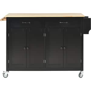 Black Kitchen Cart with Solid Rubber Wood Top, 4-Door Cabinets, 2-Drawers, Spice Rack and Towel Holder